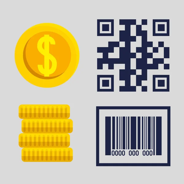 Qr barra de código e design de vetor de moedas — Vetor de Stock
