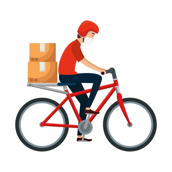 Man delivery male worker using face mask in bike with box carton — Stock Vector