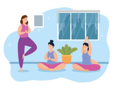 Kadınlar evde yoga yapıyor.