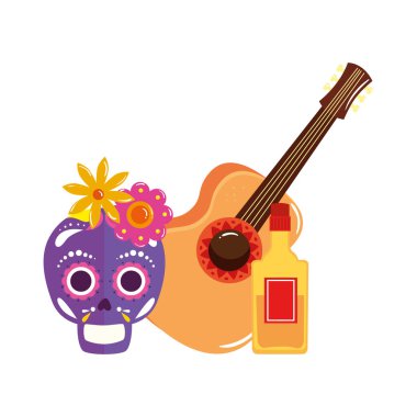 İzole edilmiş Meksika kafatası gitarı ve tekila şişesi vektör tasarımı