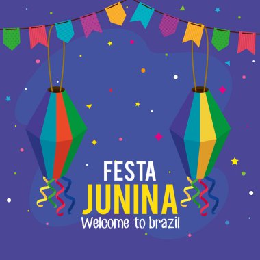 Fenerler ve çelenkler asılmış Festa Junina posteri