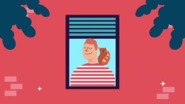 Apartman penceresinde kedisi olan bir adam...