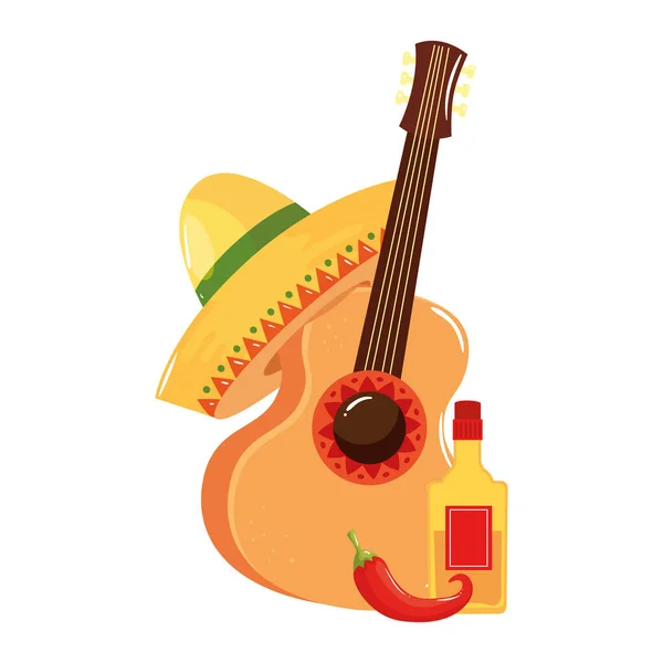 Isolé mexicain bouteille de tequila guitare chili et chapeau vecteur design — Image vectorielle