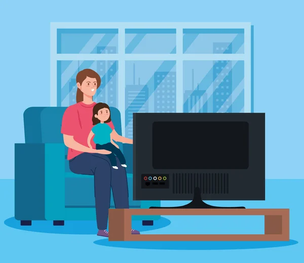 Campaign stay at home with mother and daughter watching tv — Stock Vector