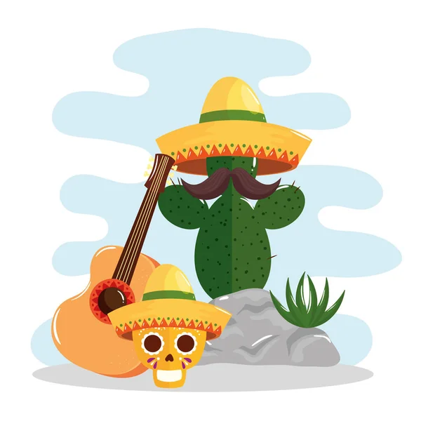 Mexikanischer Kaktus mit Hut Schnurrbart Totenkopf und Gitarre Vektor-Design — Stockvektor