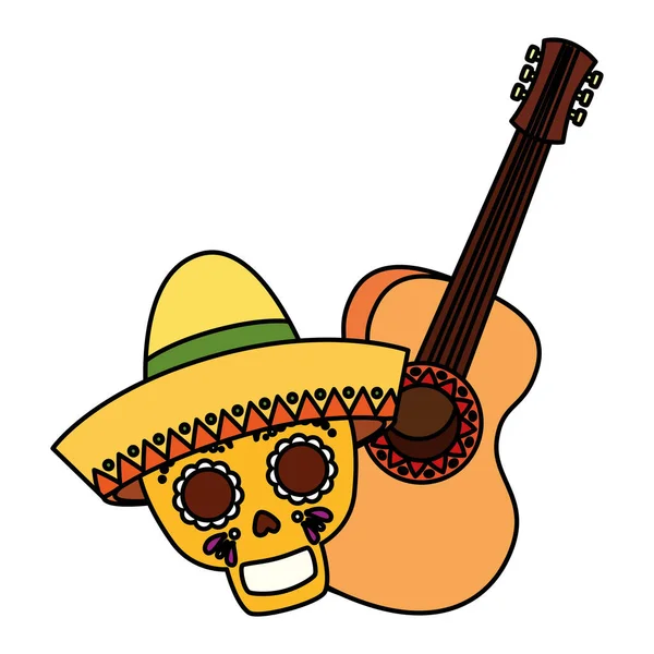 Crâne mexicain isolé avec chapeau et design vectoriel de guitare — Image vectorielle