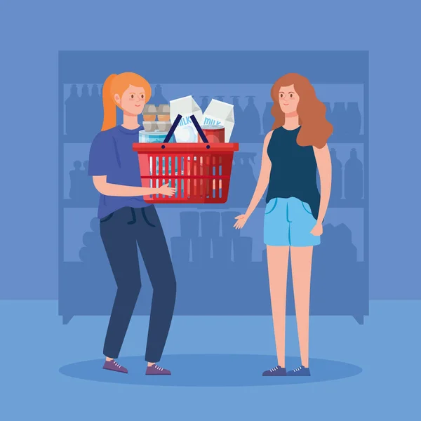 Жінки і кошик покупки з надлишком продовольства — стоковий вектор