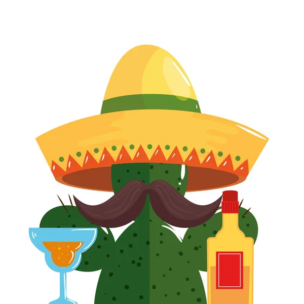 Cactus mexicano con bigote sombrero cóctel y tequila botella vector diseño — Vector de stock