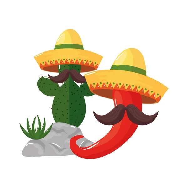 Cacto mexicano isolado e chili com bigode e design de vetor de chapéu —  Vetores de Stock