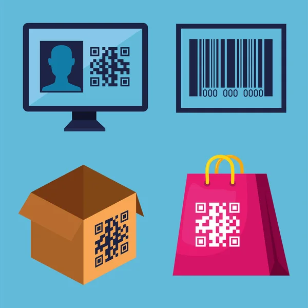 Qr code over boodschappentas doos en computer vector ontwerp — Stockvector