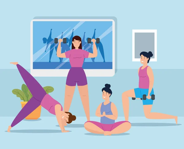 Kelompok perempuan home workout - Stok Vektor