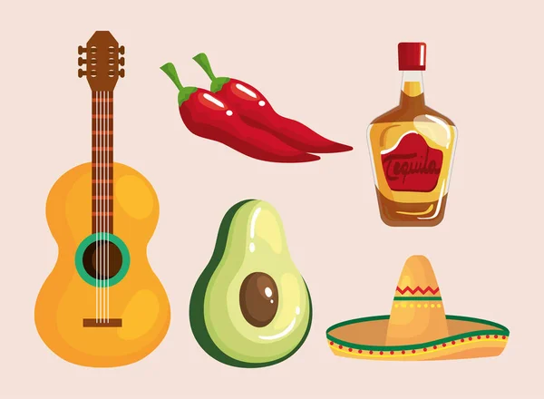Mexicaanse tequila fles hoed avocado gitaar en chili vector ontwerp — Stockvector