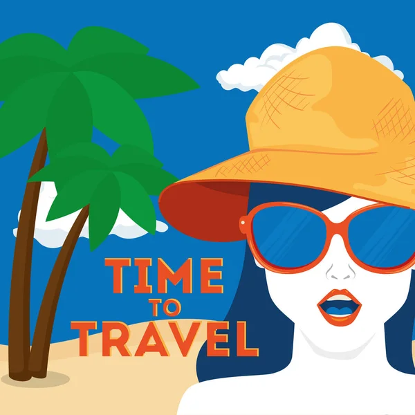 Affiche de voyage dans le temps avec palmiers femme et arbre — Image vectorielle