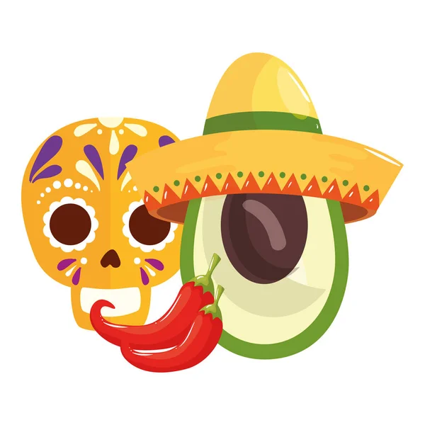 Ізольований мексиканський череп чиліс і авокадо з дизайном капелюха Векторний дизайн — стоковий вектор
