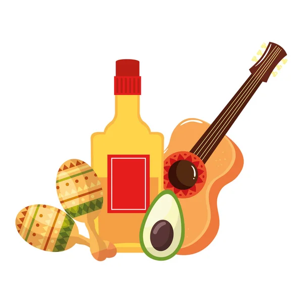 Изолированная мексиканская гитара текила бутылка авокадо и маракас векторный дизайн — стоковый вектор