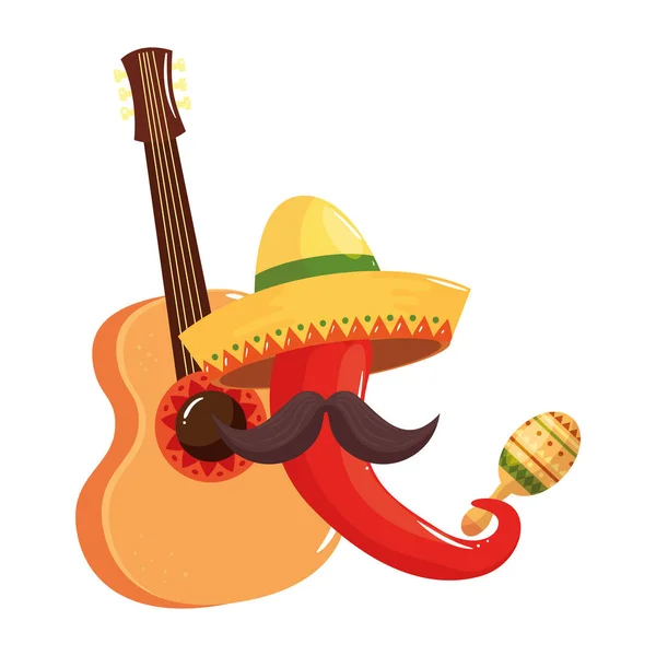 Μεμονωμένη μεξικανική τσίλι καπέλο μουστάκι κιθάρα και μαράκα διάνυσμα σχεδιασμό — Διανυσματικό Αρχείο
