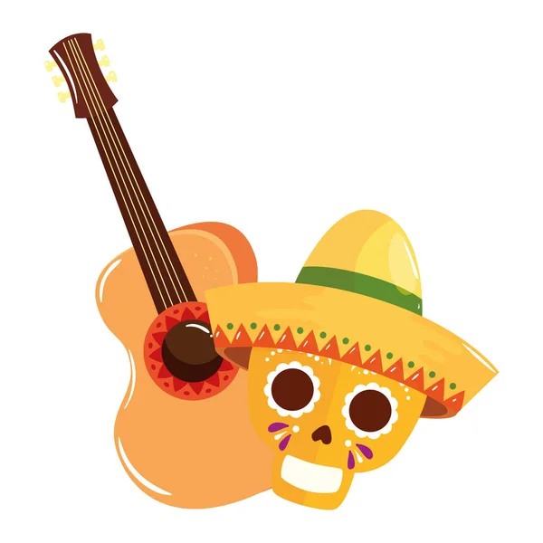 Isolierter mexikanischer Totenkopf mit Hut- und Gitarrenvektordesign — Stockvektor
