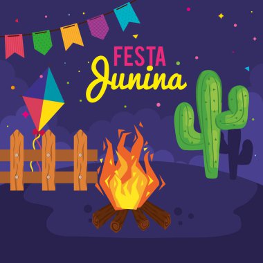 Festa Junina posteri kaktüs ve ikonlar geleneksel