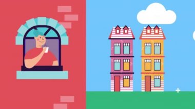 Apartman penceresinde kahve içen bir kadın.