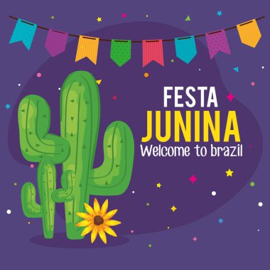 Festa Junina posteri kaktüs ve çelenk asılı.