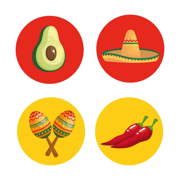 Mexicaanse avocado hoed maracas en chili vector ontwerp — Stockvector