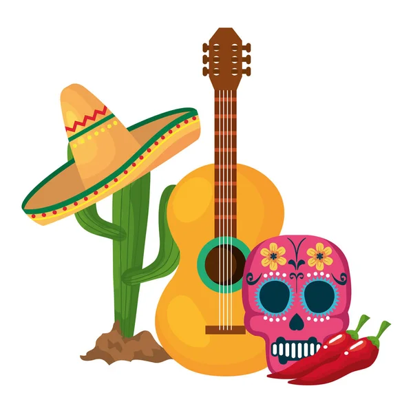 Geïsoleerde Mexicaanse cactus met hoed schedel chili en gitaar vector ontwerp — Stockvector