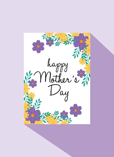 Carte heureuse fête des mères avec cadre carré et décoration de fleurs — Image vectorielle