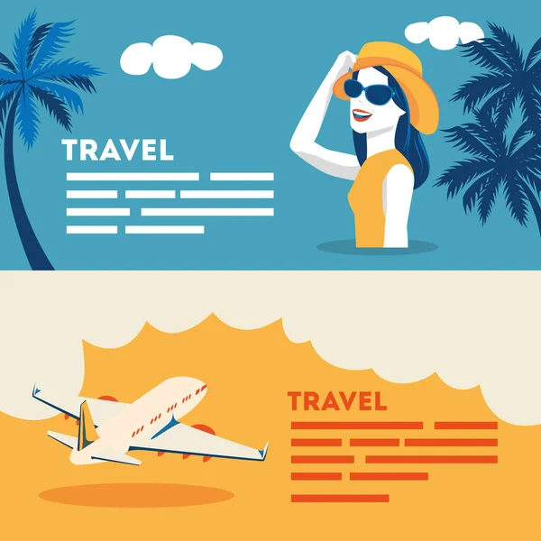 Set póster de viajes en el tiempo e iconos de verano — Vector de stock