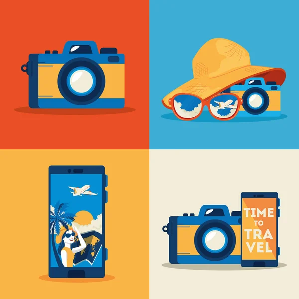 Cámara fotográfica con iconos de conjunto de viajes de verano — Vector de stock