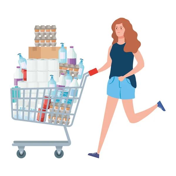 Mujer y carrito de compras con el exceso de comestibles — Archivo Imágenes Vectoriales