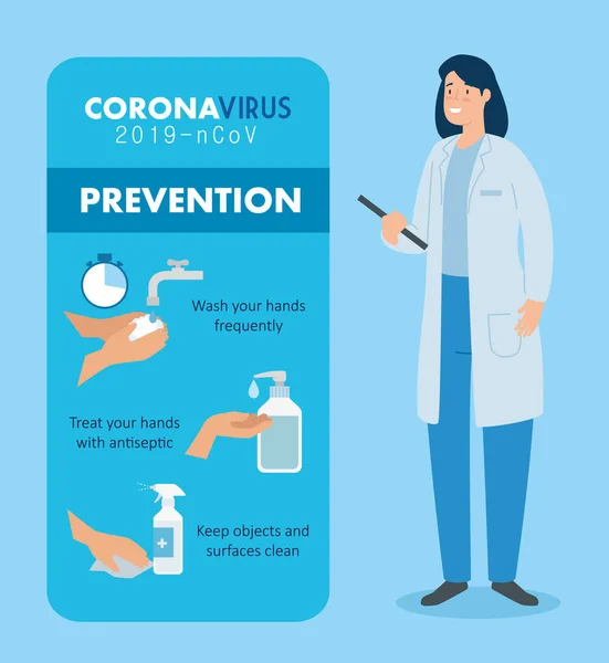 Arts vrouwtje met preventie van coronavirus 2019 ncov — Stockvector