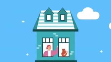 Apartman penceresinde kedisi olan kadın...