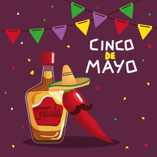 Mexicaanse tequila fles en chili met snor van Cinco de mayo vector ontwerp — Stockvector