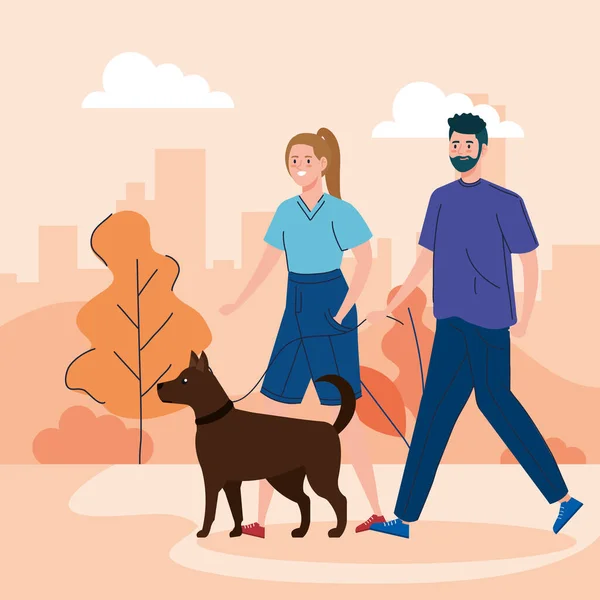 Couple walking your dog in the park — Stock Vector