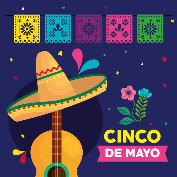 Mexican guitar with hat of Cinco de mayo vector design — Stock Vector