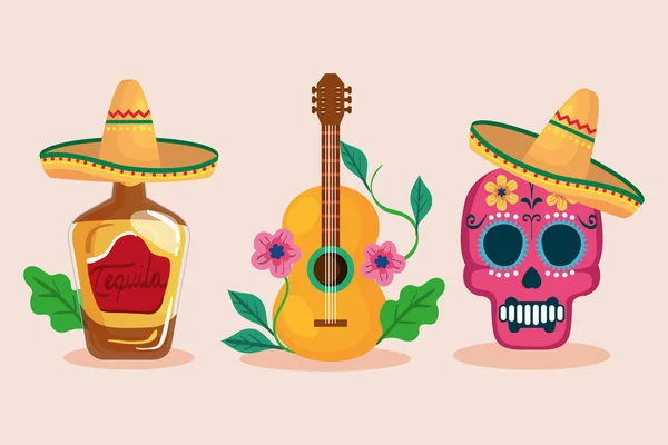 Cráneo de botella de tequila mexicano con sombrero y diseño de vector de guitarra — Vector de stock