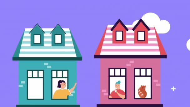 Women and cat in apartments window stay home campaign — Stock Video