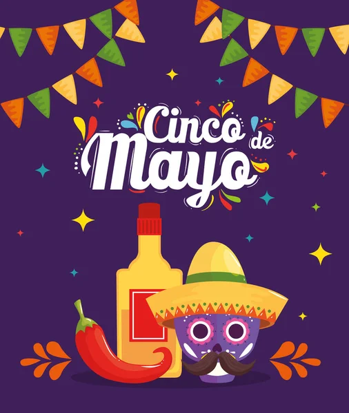 Bottiglia messicana di tequila peperoncino e teschio con cappello di design vettoriale Cinco de mayo — Vettoriale Stock
