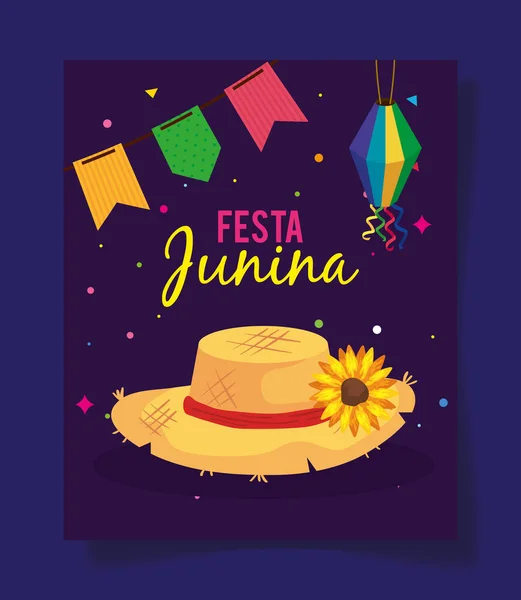 Festa junina poster con cappello in vimini e decorazione — Vettoriale Stock