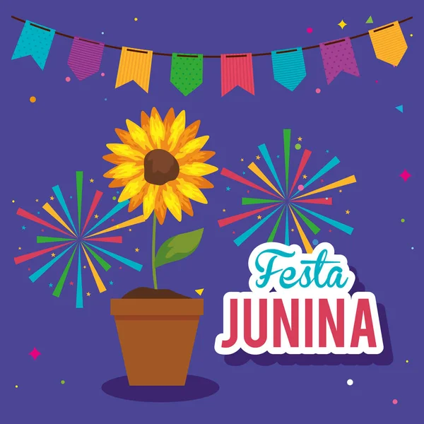Festa junina poster con girasole e decorazione — Vettoriale Stock