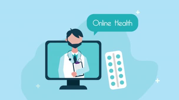 Médico em animação de tecnologia de telemedicina desktop — Vídeo de Stock