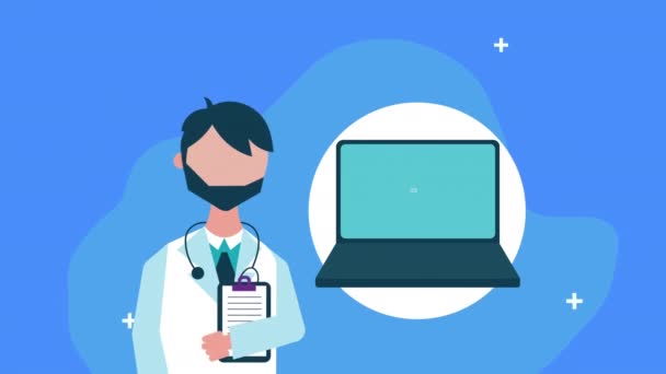 Médico com animação de tecnologia de telemedicina laptop — Vídeo de Stock