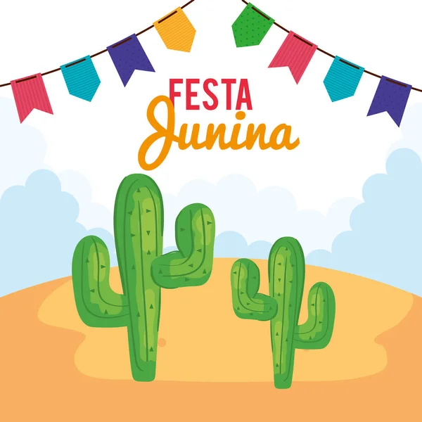 Festa junina poster con cactus e ghirlande appese — Vettoriale Stock