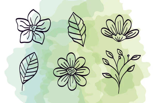 Set di fiori carini con rami e foglie naturali — Vettoriale Stock