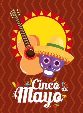 Meksika kafatası şapka gitarı ve Cinco de mayonez vektör tasarımı güneşi