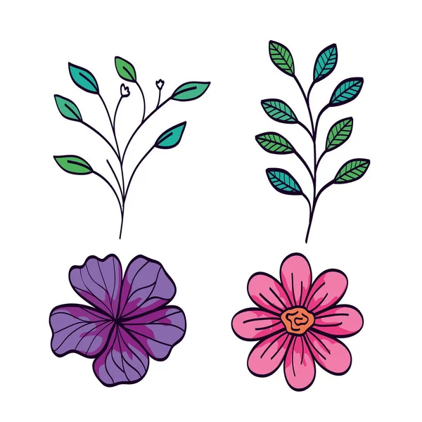 Sada roztomilých květin s větvemi a listovými naturály — Stockový vektor