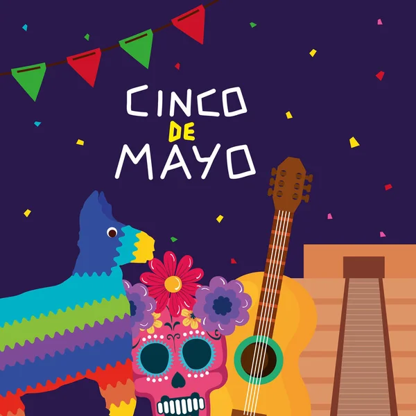 Мексиканский череп пиньяты с цветочной гитарой и пирамидой векторного дизайна Cinco de mayo — стоковый вектор