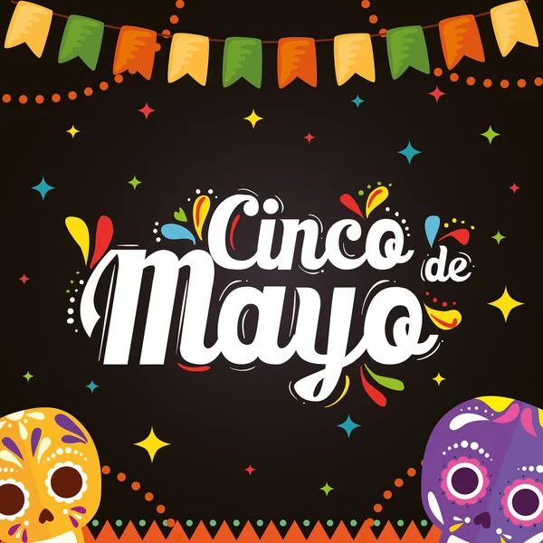 Crânes mexicains et fanion de bannière de conception vectorielle Cinco de mayo — Image vectorielle