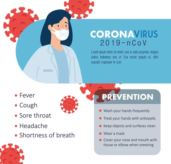 Coronavirus 2019 ncov的症状和预防 — 图库矢量图片