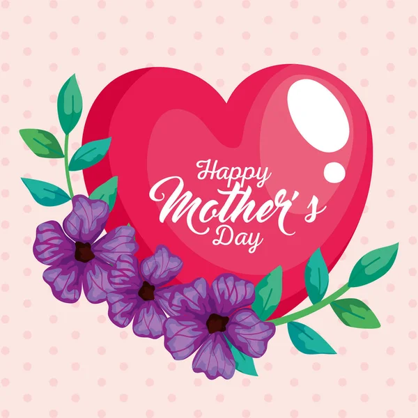 ハート花とともに葉カードの幸せな母の日ベクトルデザイン — ストックベクタ